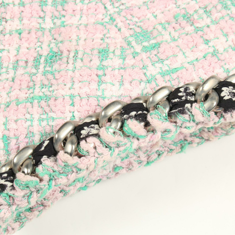 香奈兒 COCO 標誌紐扣斜紋軟呢外套 P70531V61850 聚酯纖維/棉 粉紅色 綠色 二手 女款-8