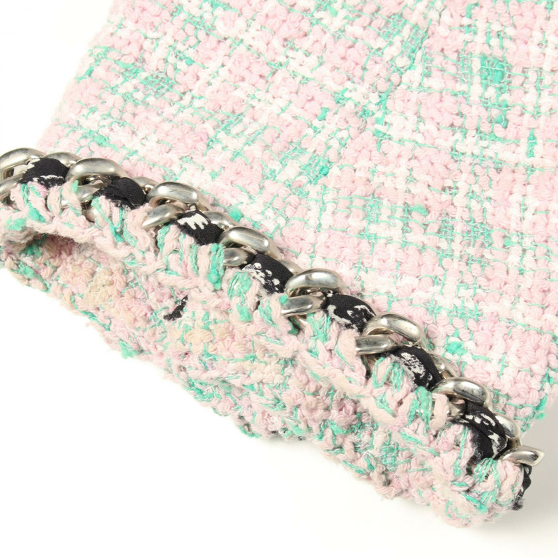 香奈兒 COCO 標誌紐扣斜紋軟呢外套 P70531V61850 聚酯纖維/棉 粉紅色 綠色 二手 女款-9