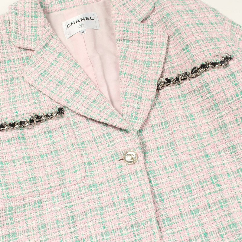 香奈兒 COCO 標誌紐扣斜紋軟呢外套 P70531V61850 聚酯纖維/棉 粉紅色 綠色 二手 女款-10