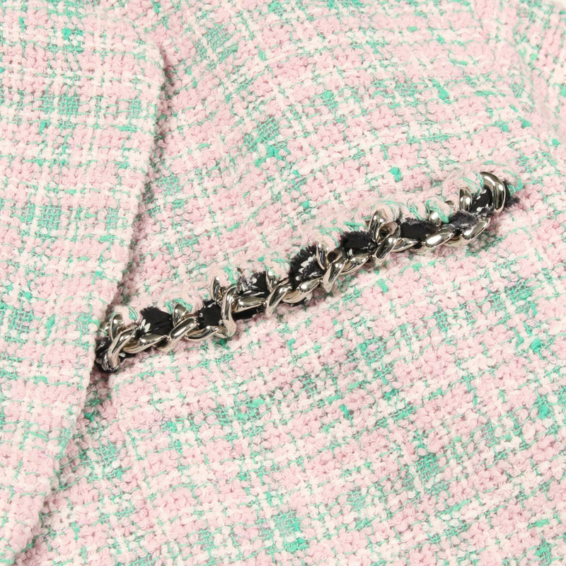 香奈兒 COCO 標誌紐扣斜紋軟呢外套 P70531V61850 聚酯纖維/棉 粉紅色 綠色 二手 女款-11