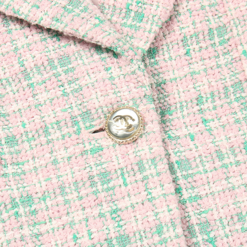 香奈兒 COCO 標誌紐扣斜紋軟呢外套 P70531V61850 聚酯纖維/棉 粉紅色 綠色 二手 女款-12
