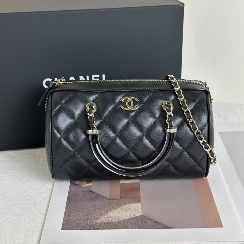 CHANEL 25C菱格紋小羊皮保齡球包 - 黑金-0