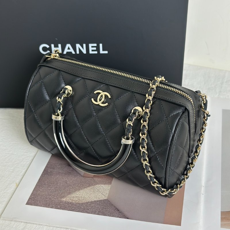 CHANEL 25C菱格紋小羊皮保齡球包 - 黑金-3