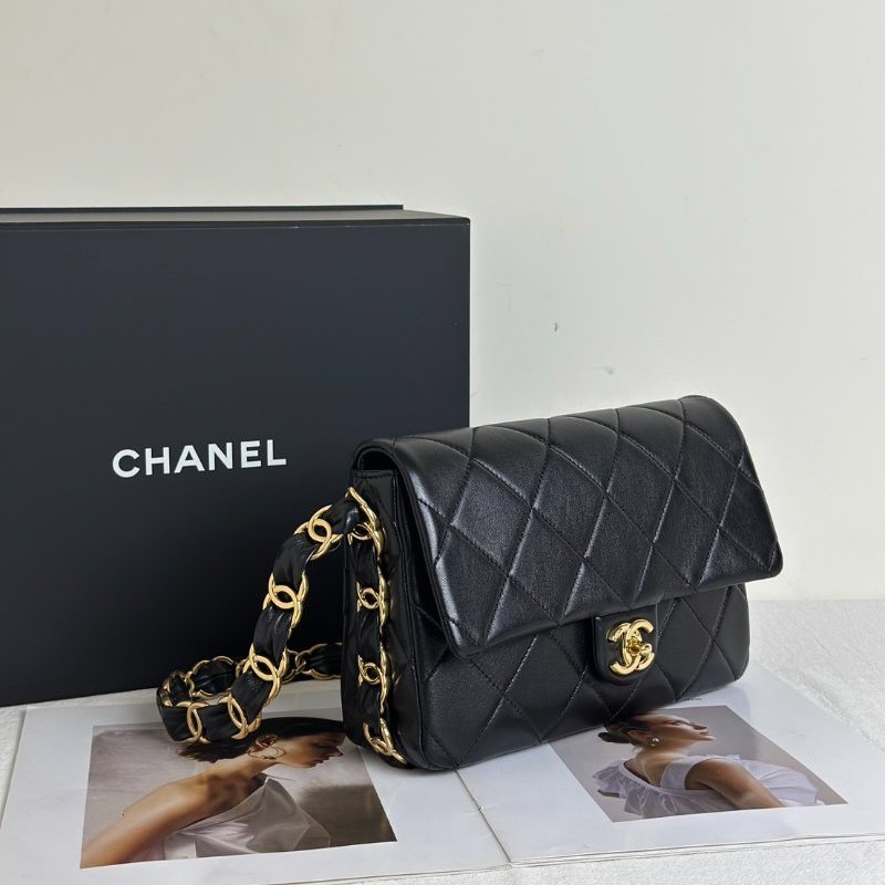 CHANEL 24K粗鍊羊皮單肩包 - 黑金-2
