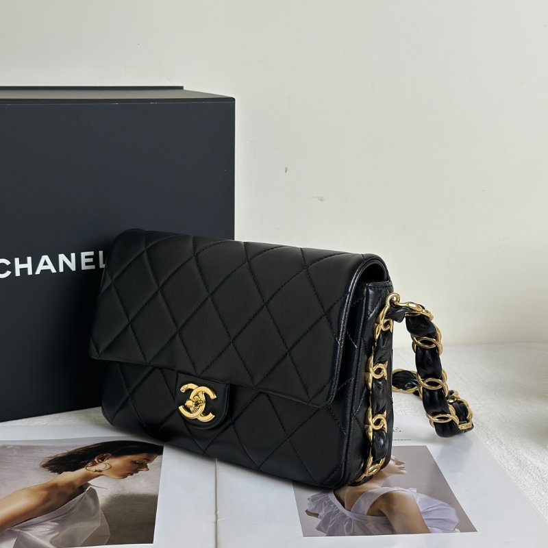 CHANEL 24K粗鍊羊皮單肩包 - 黑金-3