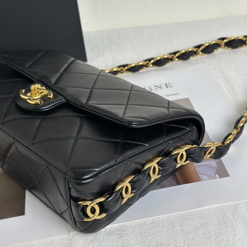 CHANEL 24K粗鍊羊皮單肩包 - 黑金-4