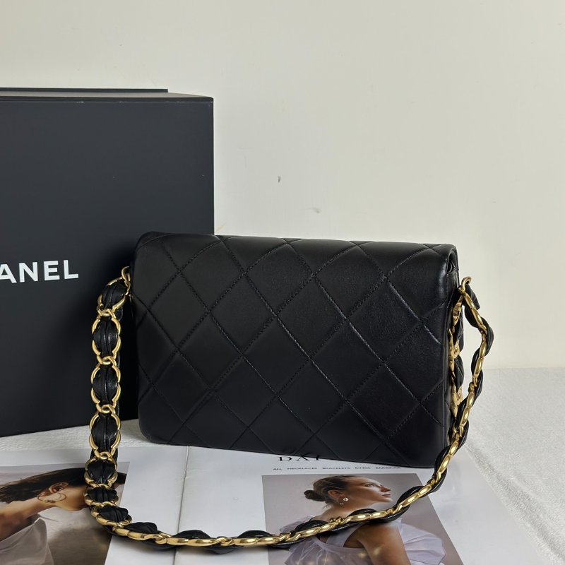 CHANEL 24K粗鍊羊皮單肩包 - 黑金-5