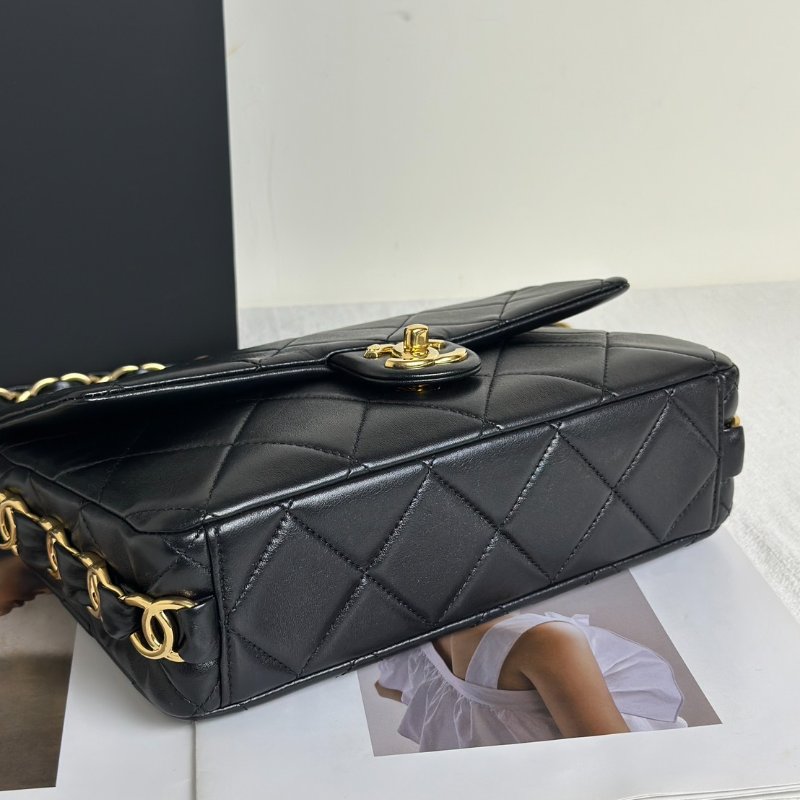 CHANEL 24K粗鍊羊皮單肩包 - 黑金-6