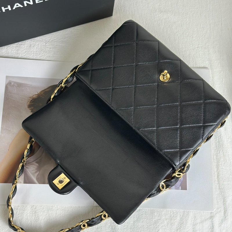 CHANEL 24K粗鍊羊皮單肩包 - 黑金-8