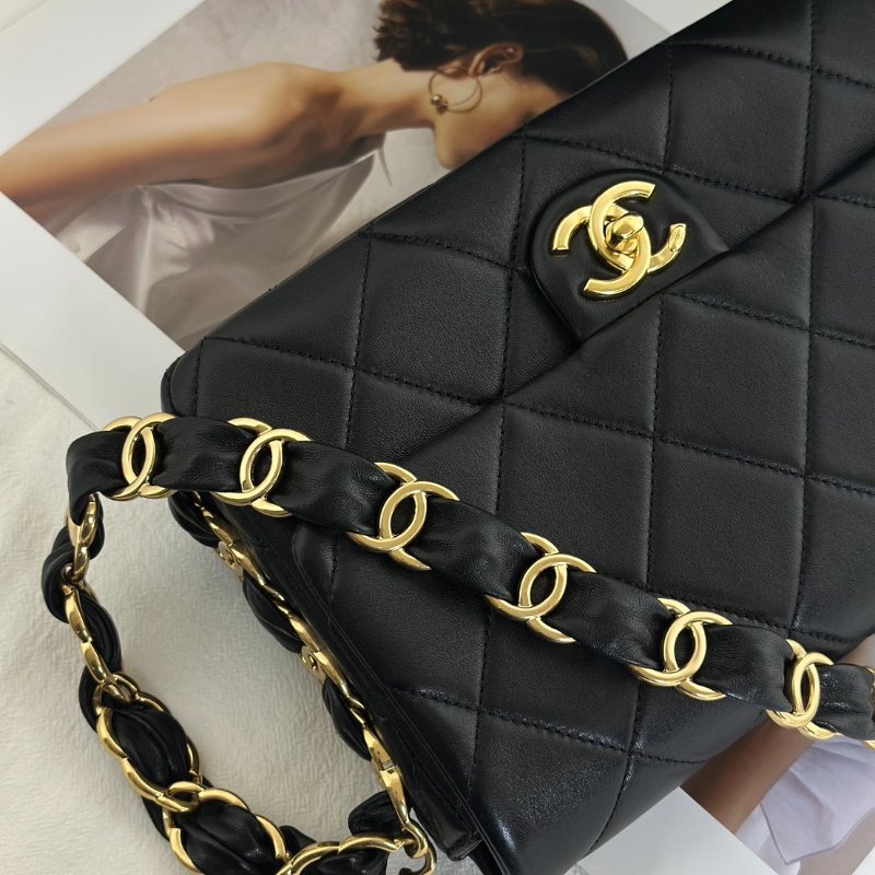 CHANEL 24K粗鍊羊皮單肩包 - 黑金-9