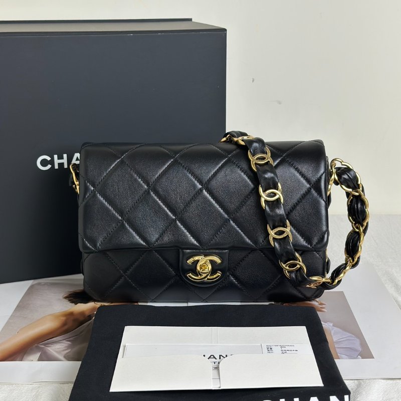 CHANEL 24K粗鍊羊皮單肩包 - 黑金-10
