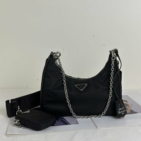 PRADA 經典三合一尼龍斜背包 - 黑銀