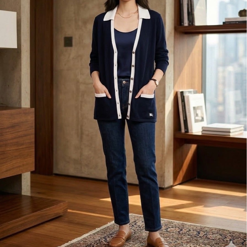 BURBERRY 倫敦 帶領戰馬針織開襟外套 深藍近黑-0