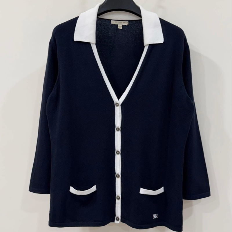 BURBERRY 倫敦 帶領戰馬針織開襟外套 深藍近黑-1