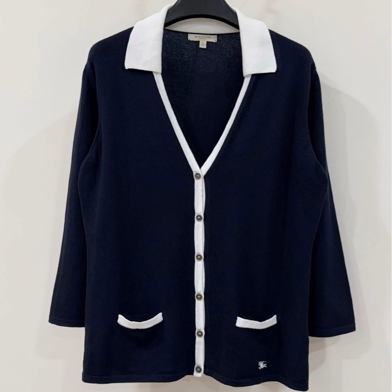 BURBERRY 倫敦 帶領戰馬針織開襟外套 深藍近黑-1
