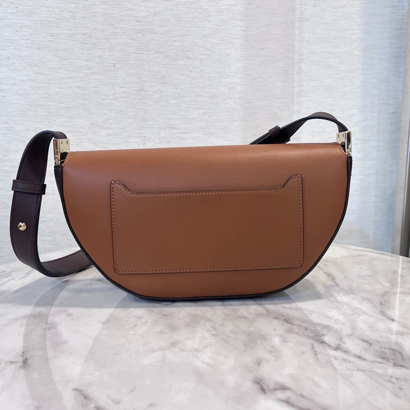 Burberry焦糖牛皮深咖背帶金釦半圓下蓋肩斜背包-2