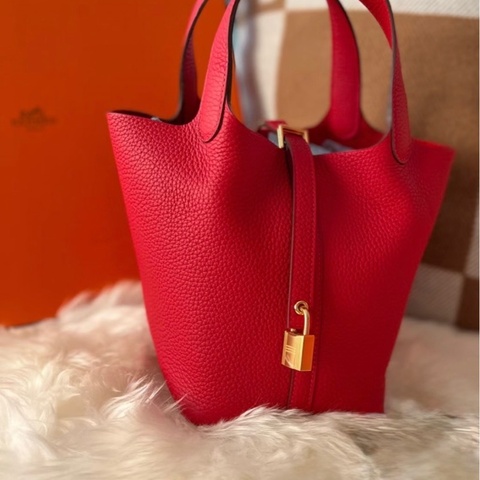 Hermes 愛馬仕 菜籃子p18 5E朱砂紅金扣