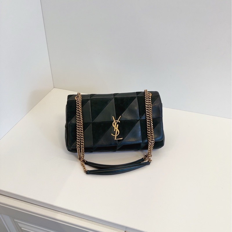 【97新🆕】YSL Jamie墨綠色拼皮三角菱格鏈條包 中號 斜挎包-0