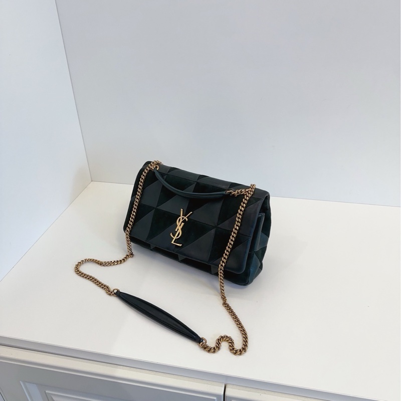 【97新🆕】YSL Jamie墨綠色拼皮三角菱格鏈條包 中號 斜挎包-3
