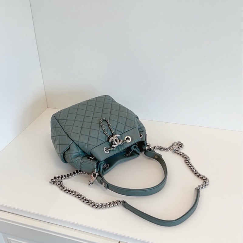 【98新🆕】Chanel 抹茶綠菱格銀扣2way抽繩水桶包 手提包斜挎包-4