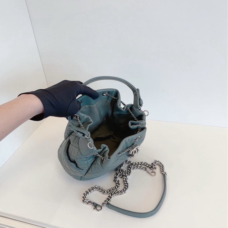 【98新🆕】Chanel 抹茶綠菱格銀扣2way抽繩水桶包 手提包斜挎包-6