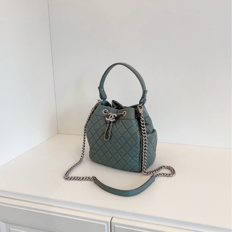 【98新🆕】Chanel 抹茶綠菱格銀扣2way抽繩水桶包 手提包斜挎包-7