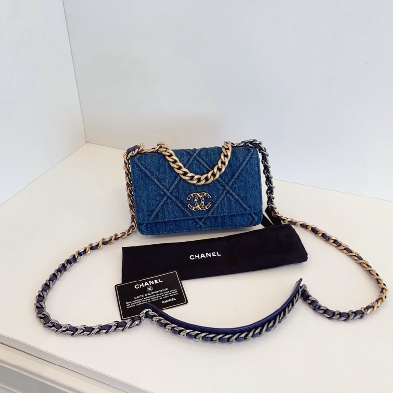 【99新🆕】Chanel 深色丹寧金扣19bag系列Woc鏈條包 斜挎包-0