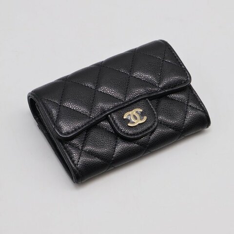 CHANEL 粒面牛皮拉鍊夾層卡包 - 黑金