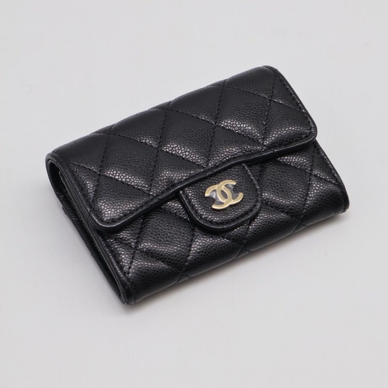 CHANEL 粒面牛皮拉鍊夾層卡包 - 黑金-0