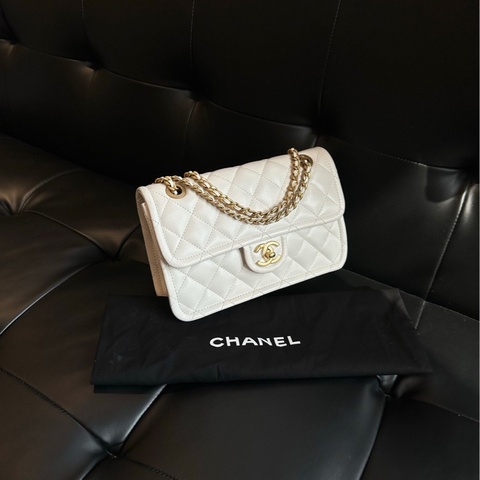 【閒置99新全膜🆕】Chanel  荔枝紋白金扣 豆腐包 單肩包