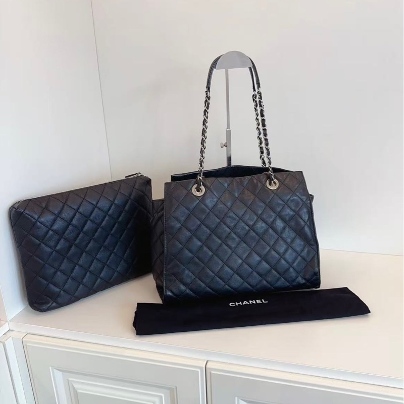 【98新🆕】Chanel  黑銀菱格牛皮 雙C吊墜子母Tote 單肩包-1