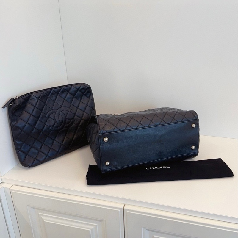 【98新🆕】Chanel  黑銀菱格牛皮 雙C吊墜子母Tote 單肩包-6