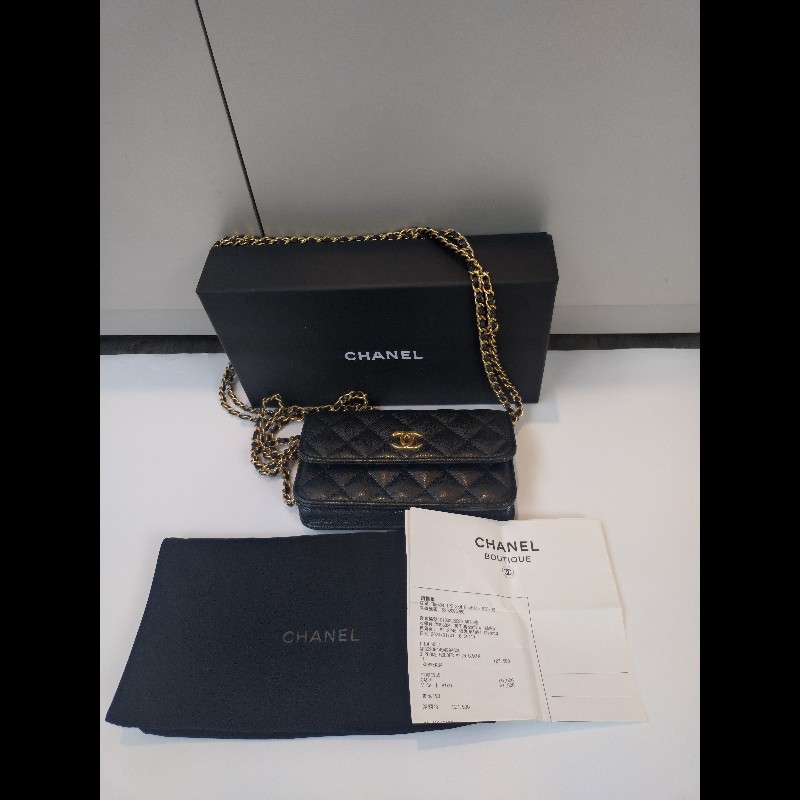 Chanel 雙排金鍊黑皮革口蓋手機斜背包-4