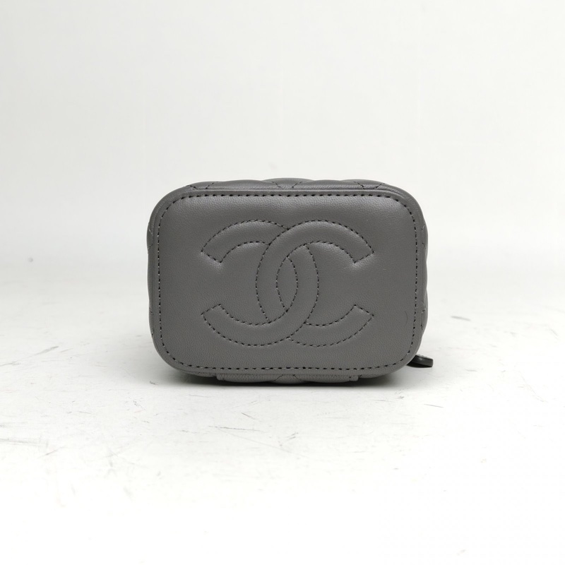 CHANEL 手提方盒子化妝包帶鏡子10灰色羊皮肩背包-3