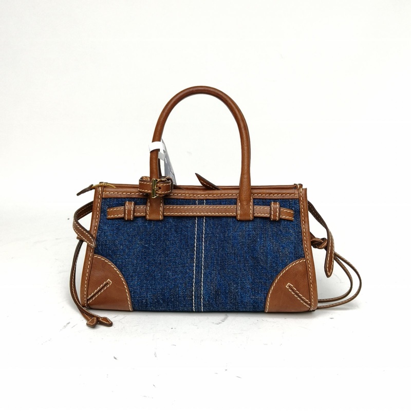 PRADA 拼色牛皮牛仔布金扣BonnieMini帶手柄肩背包-2