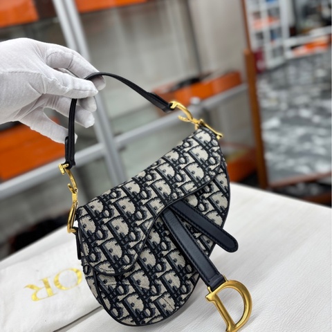 【99新】 Dior 藍金老花mini 馬鞍包 單肩手提包