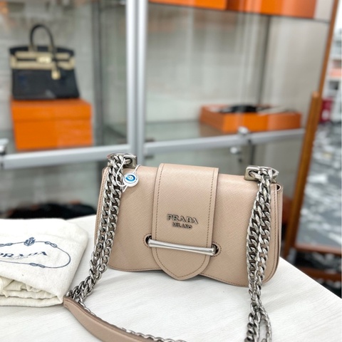 【99新】 Prada 裸粉色十字紋牛皮Sidonie鏈條包 單肩包