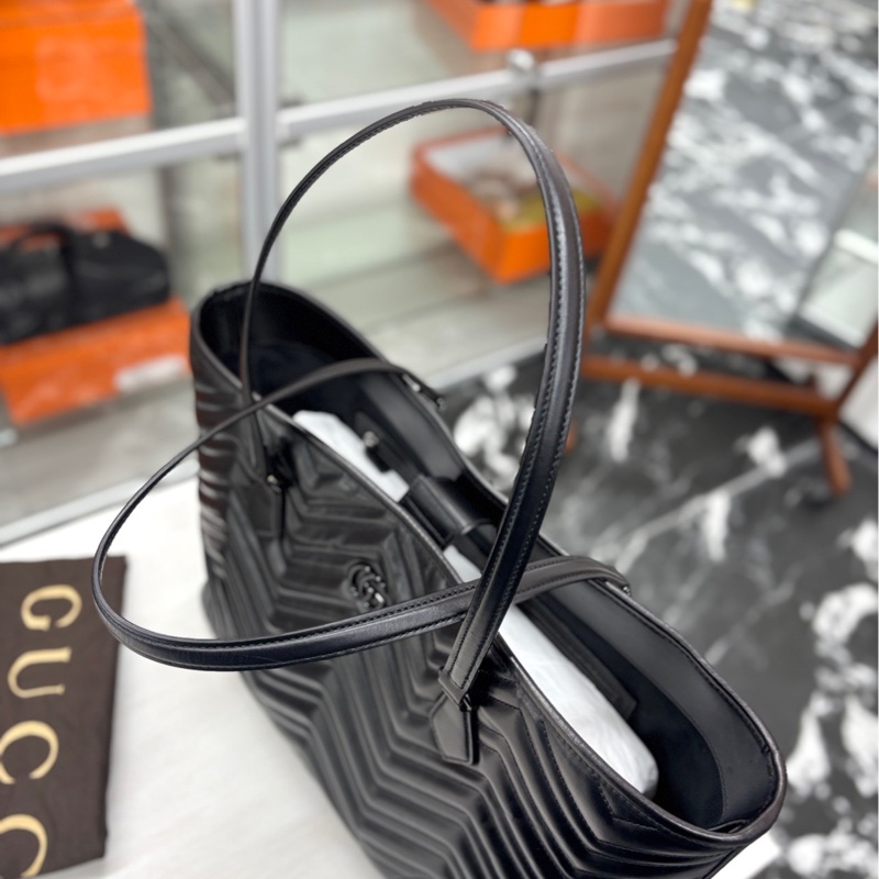 【閒置未使用】 Gucci 全黑Marmont牛皮購物袋中號NF大小 單肩包-4