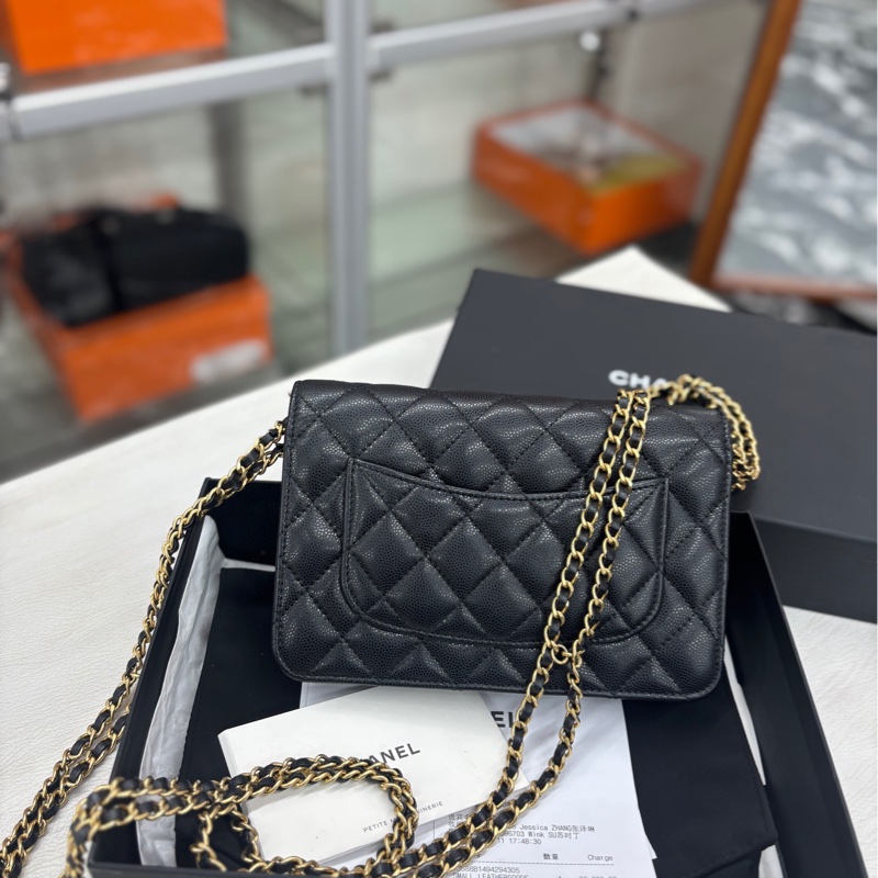 【近新全套】 Chanel 24C芯片 黑金荔枝牛 雙層鏈條 旋轉扣woc 斜挎包-1