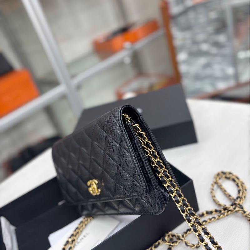 【近新全套】 Chanel 24C芯片 黑金荔枝牛 雙層鏈條 旋轉扣woc 斜挎包-2
