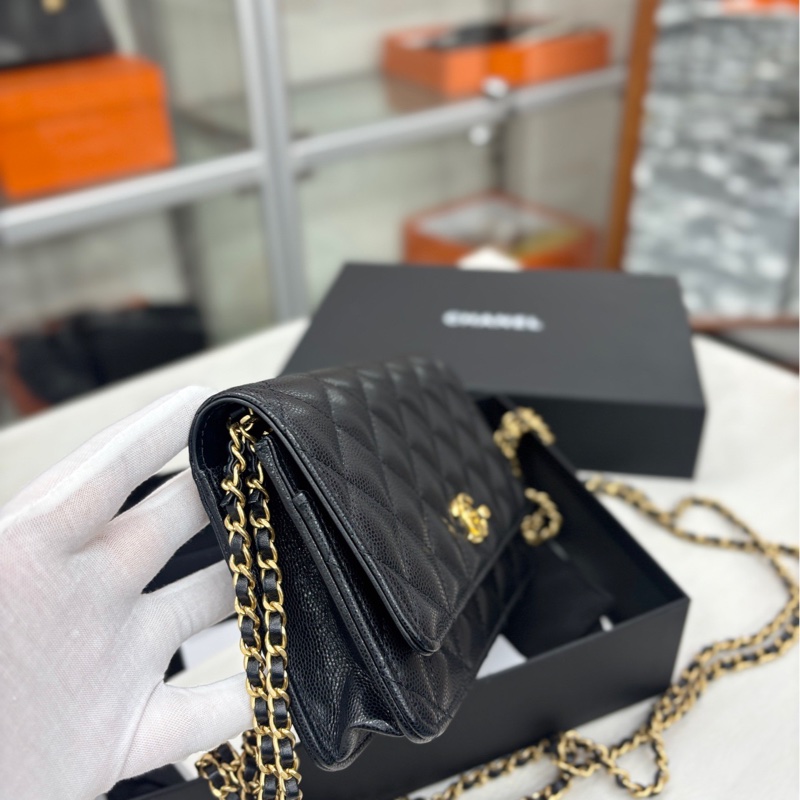 【近新全套】 Chanel 24C芯片 黑金荔枝牛 雙層鏈條 旋轉扣woc 斜挎包-3