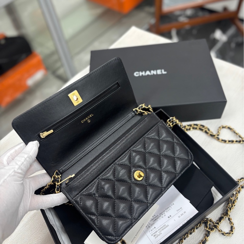 【近新全套】 Chanel 24C芯片 黑金荔枝牛 雙層鏈條 旋轉扣woc 斜挎包-5