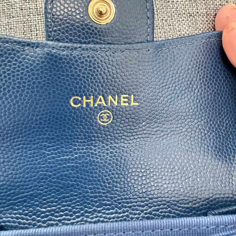 香奈兒 雙層藍色荔枝 金扣錢包 卡包 零錢包 極新品-2