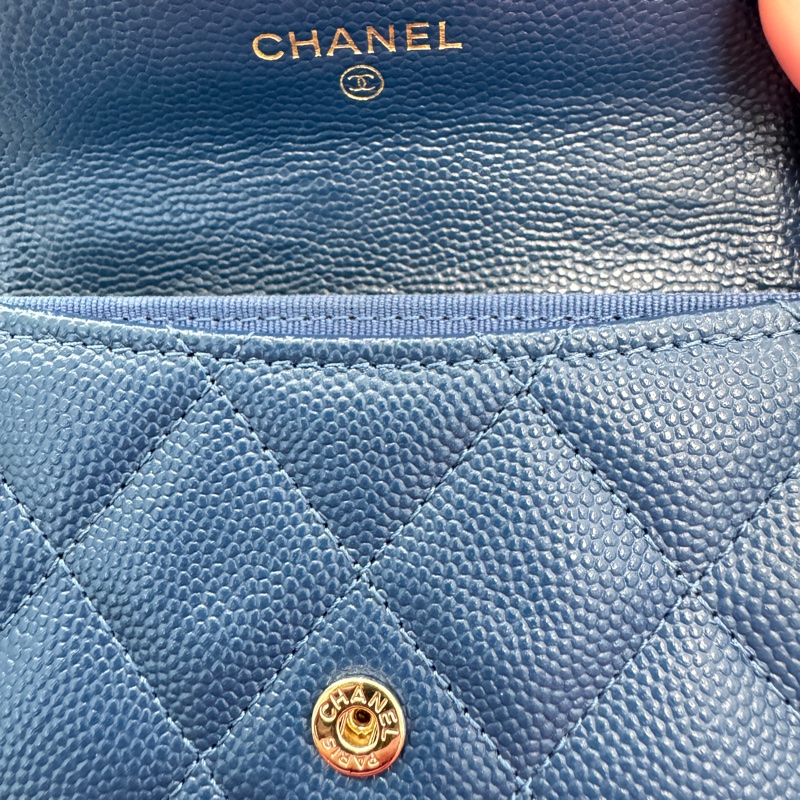 香奈兒 雙層藍色荔枝 金扣錢包 卡包 零錢包 極新品-3