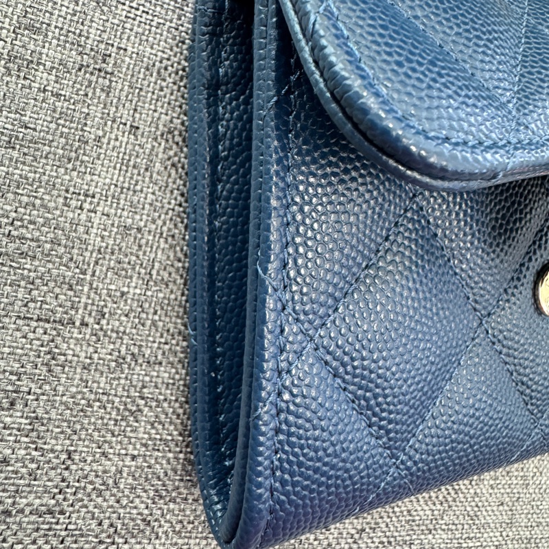 香奈兒 雙層藍色荔枝 金扣錢包 卡包 零錢包 極新品-6