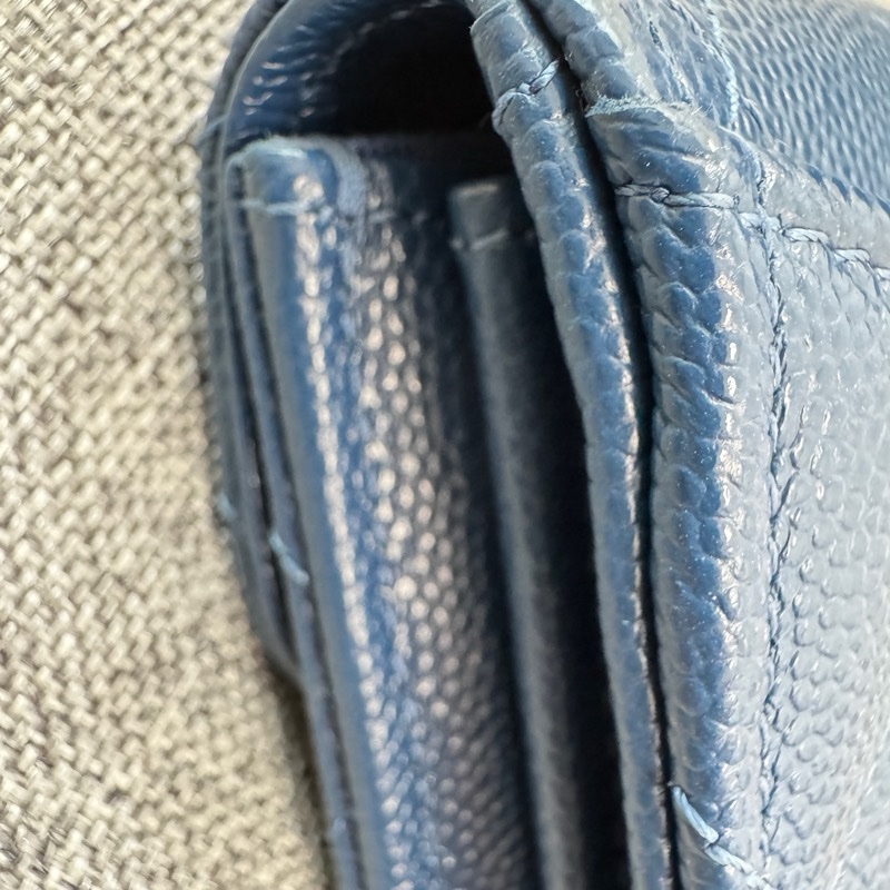 香奈兒 雙層藍色荔枝 金扣錢包 卡包 零錢包 極新品-9