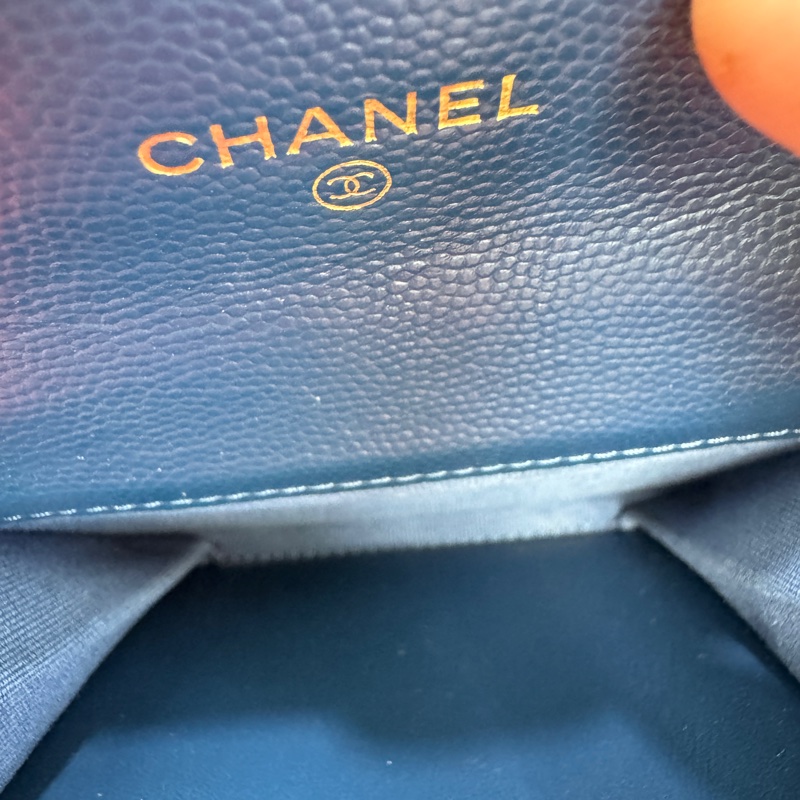 香奈兒 雙層藍色荔枝 金扣錢包 卡包 零錢包 極新品-14