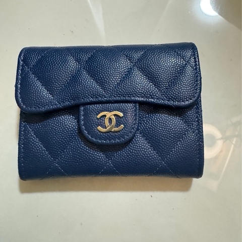 香奈兒 雙層藍色荔枝 金扣錢包 卡包 零錢包 極新品