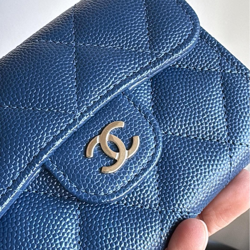 香奈兒 雙層藍色荔枝 淡金扣/錢包 卡包 零錢包 極新品-8
