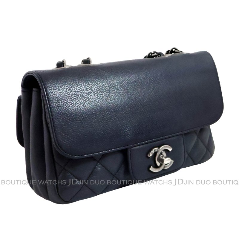 金鐸精品~C792 CHANEL 香奈兒 深藍色荔枝紋小牛皮 雙掀蓋金屬鍊帶側肩背包-2